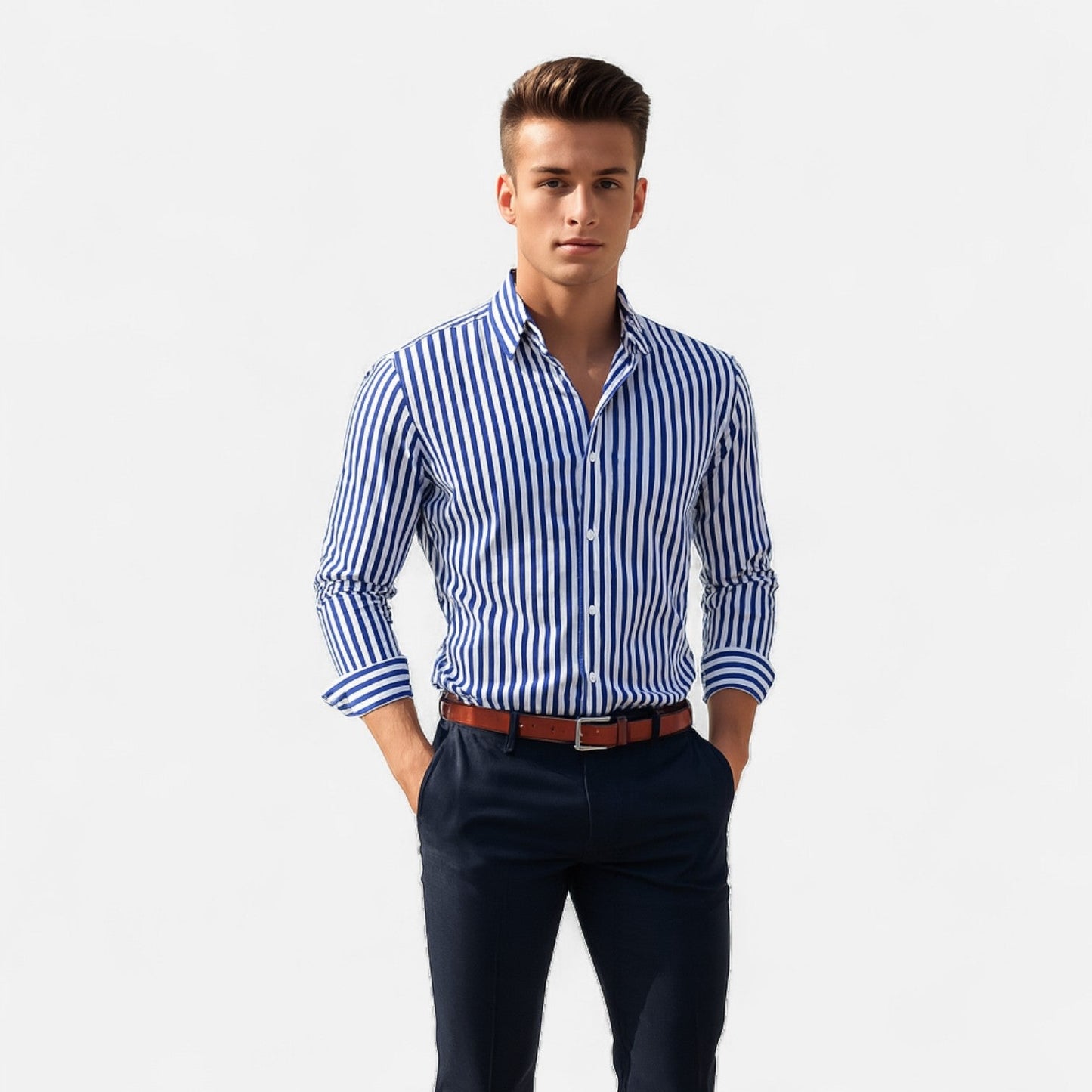 Herren Langarm Hemd mit Knopfleiste Kragen | Gestreift