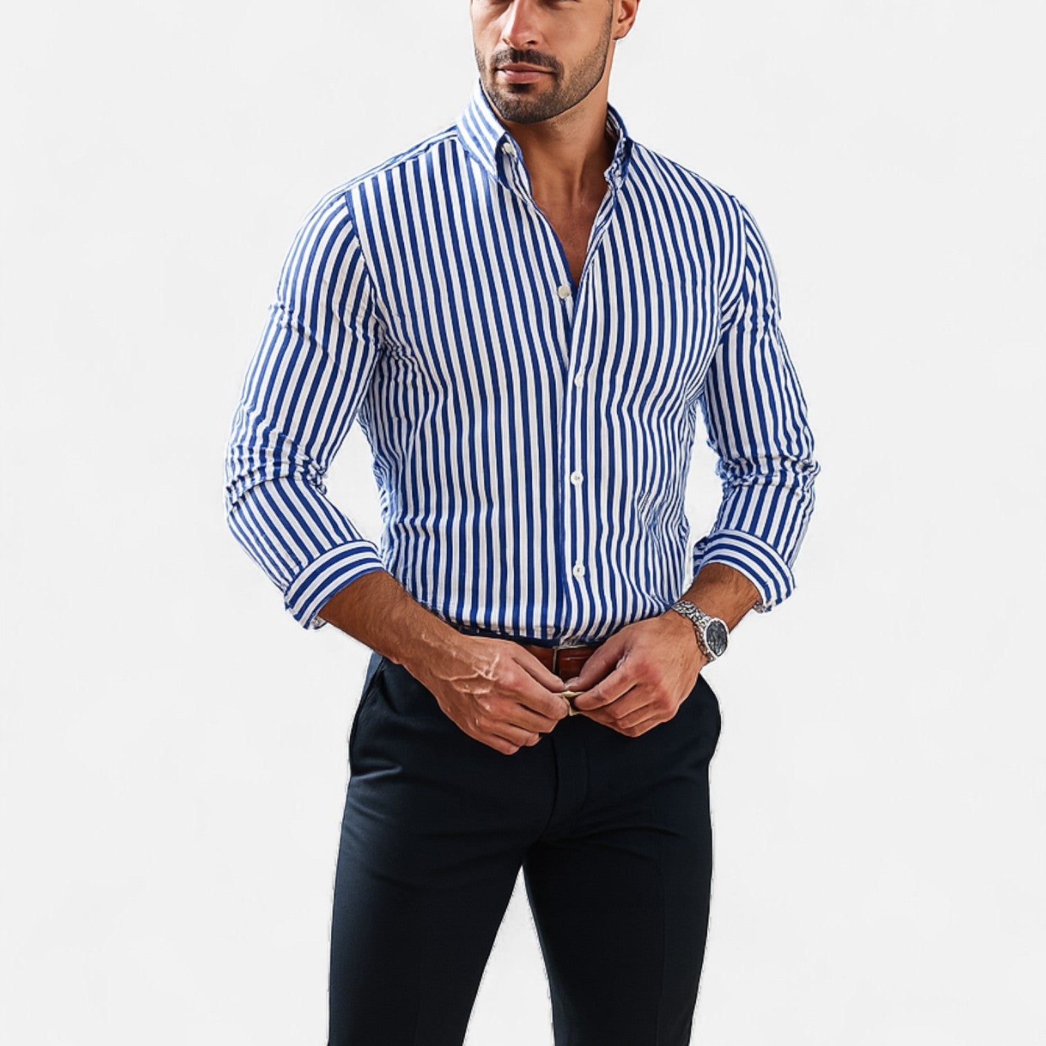 Herren Langarm Hemd mit Knopfleiste Kragen | Gestreift