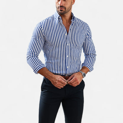 Herren Langarm Hemd mit Knopfleiste Kragen | Gestreift