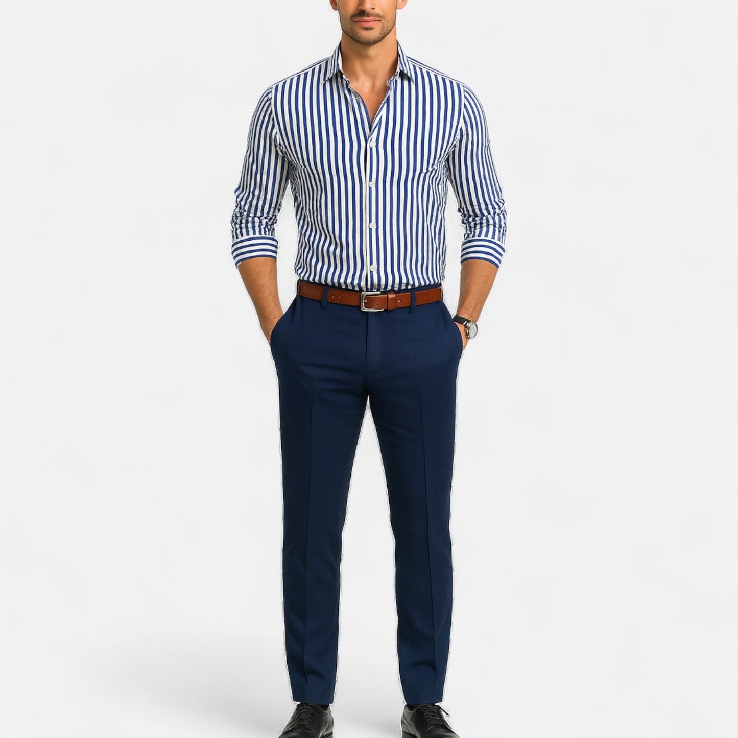 Herren Langarm Hemd mit Knopfleiste Kragen | Gestreift