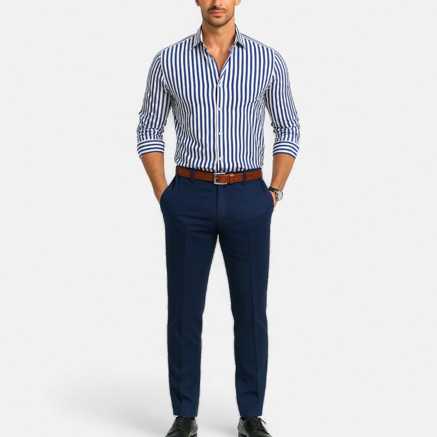 Herren Langarm Hemd mit Knopfleiste Kragen | Gestreift