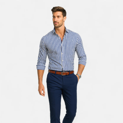 Herren Langarm Hemd mit Knopfleiste Kragen | Gestreift