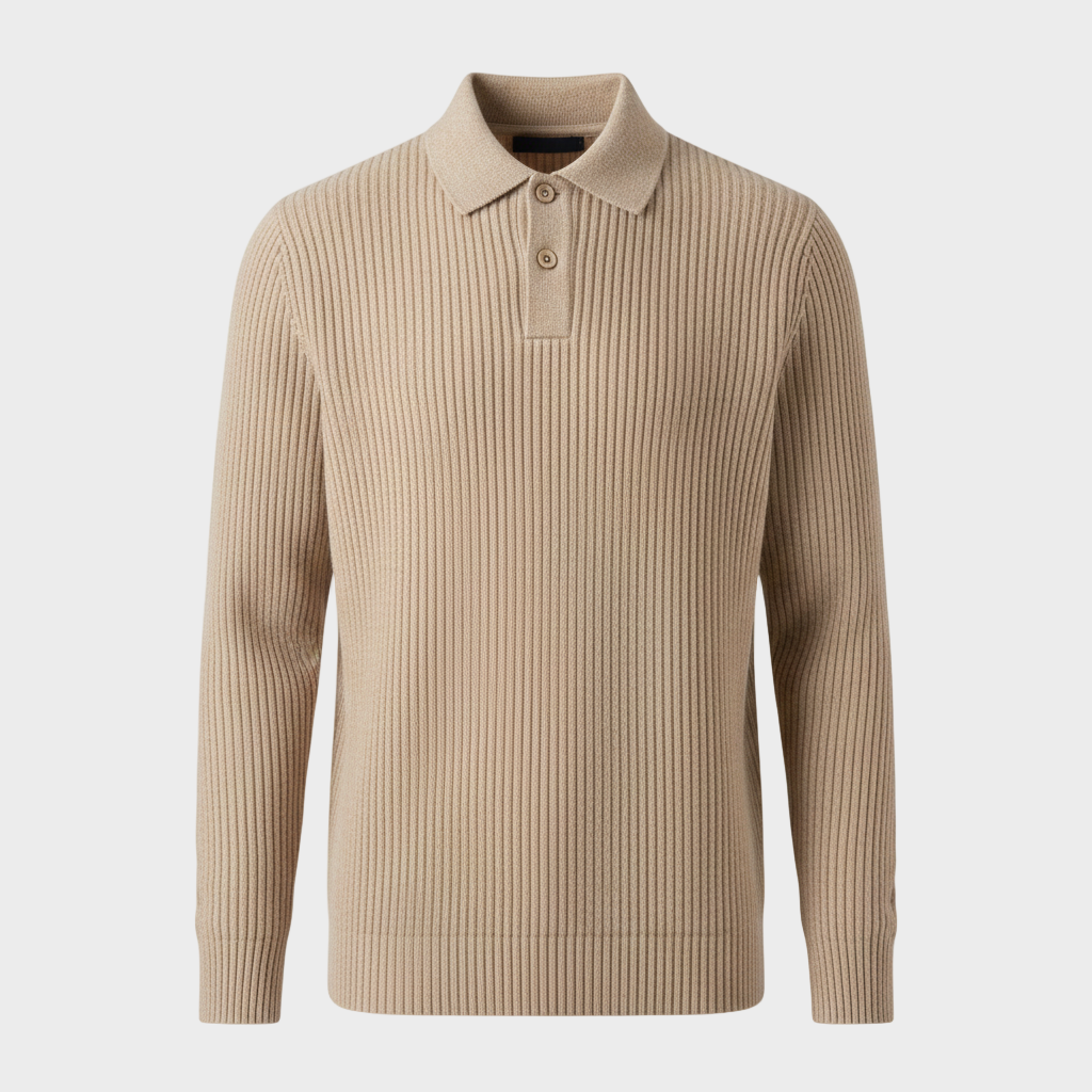 Herren Langarm Strick-Polopullover mit Knöpfen | Gerippte Struktur