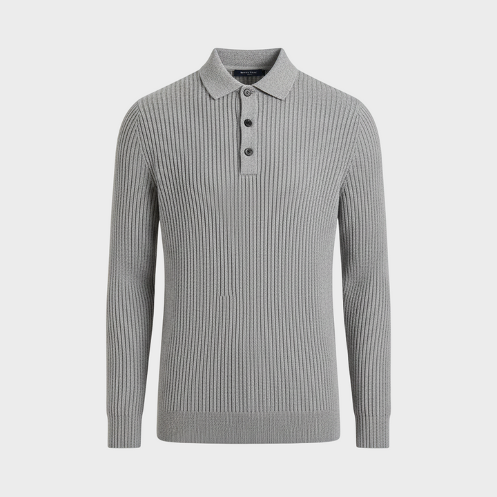 Herren Langarm Strick-Polopullover mit Knöpfen | Gerippte Struktur