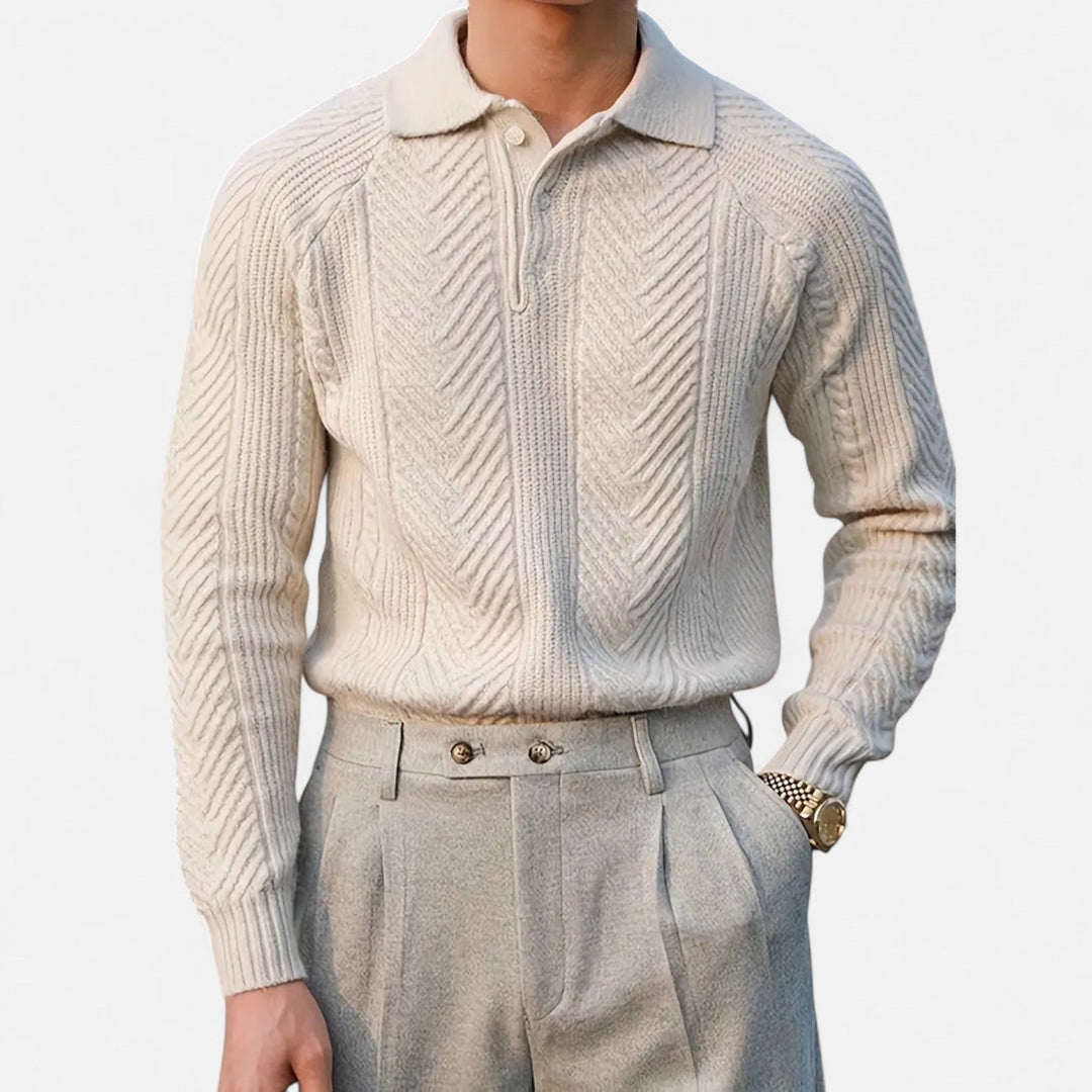 Herren Langarm Strick Polo Pullover mit Knöpfen | Gemustert