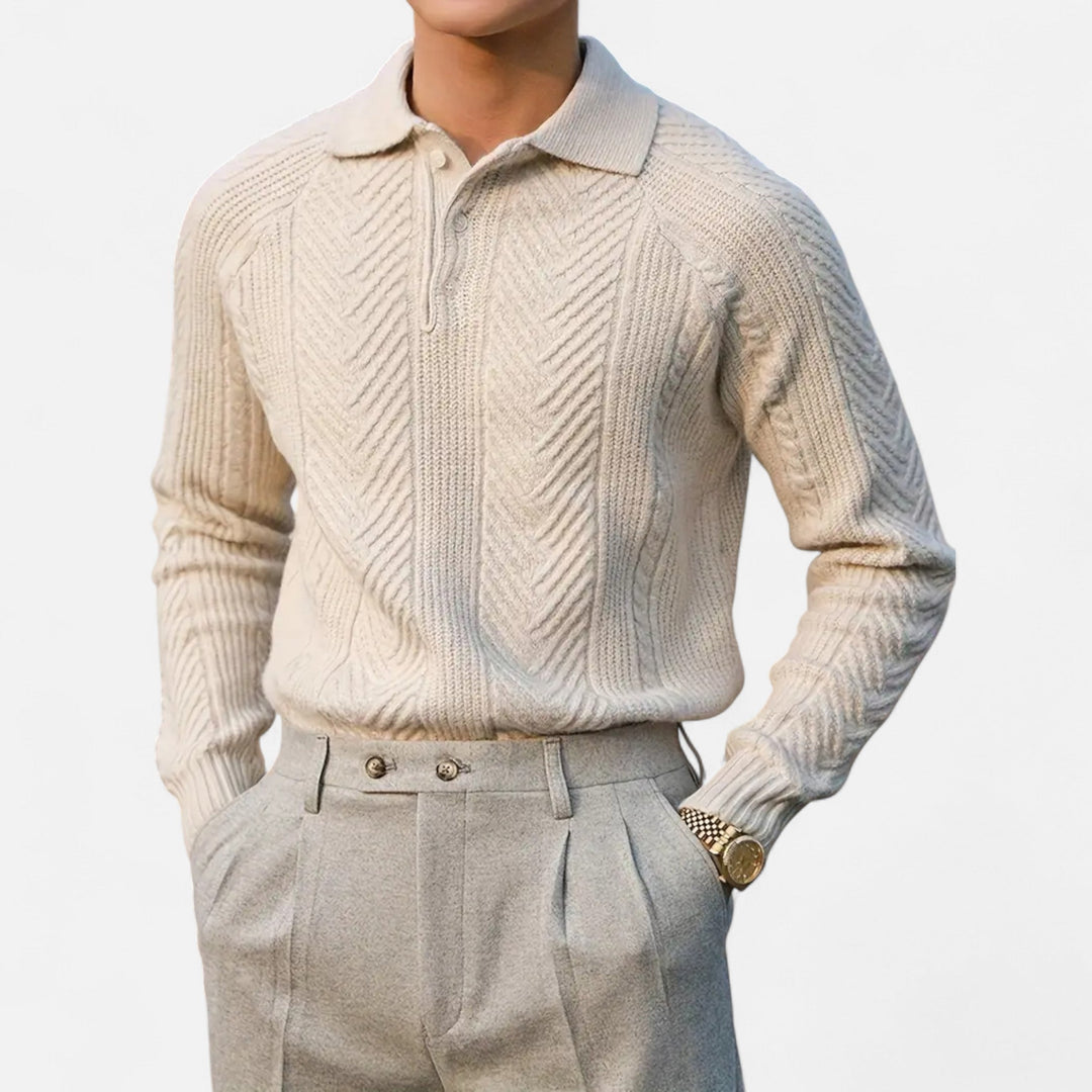 Herren Langarm Strick Polo Pullover mit Knöpfen | Gemustert