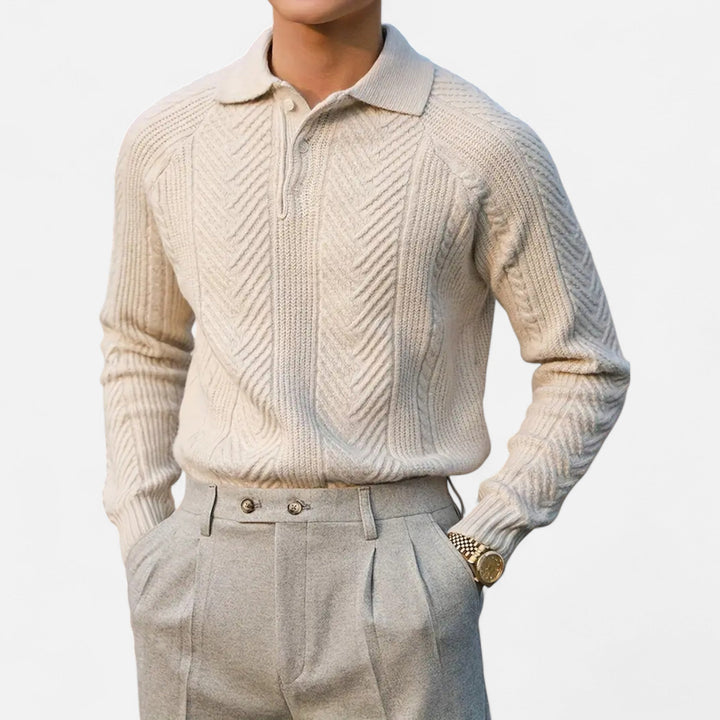Herren Langarm Strick Polo Pullover mit Knöpfen | Gemustert