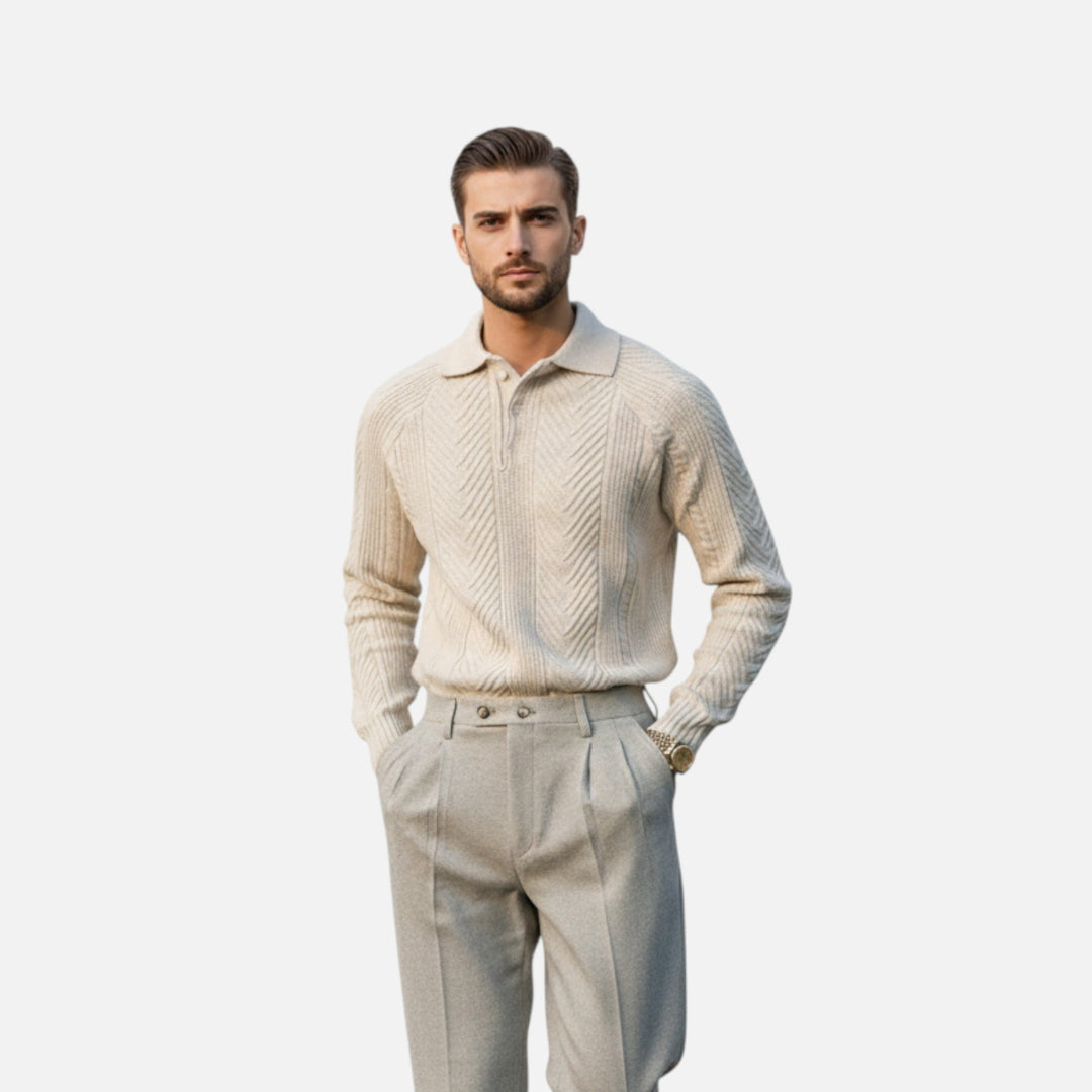 Herren Langarm Strick Polo Pullover mit Knöpfen | Gemustert