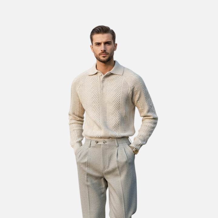 Herren Langarm Strick Polo Pullover mit Knöpfen | Gemustert