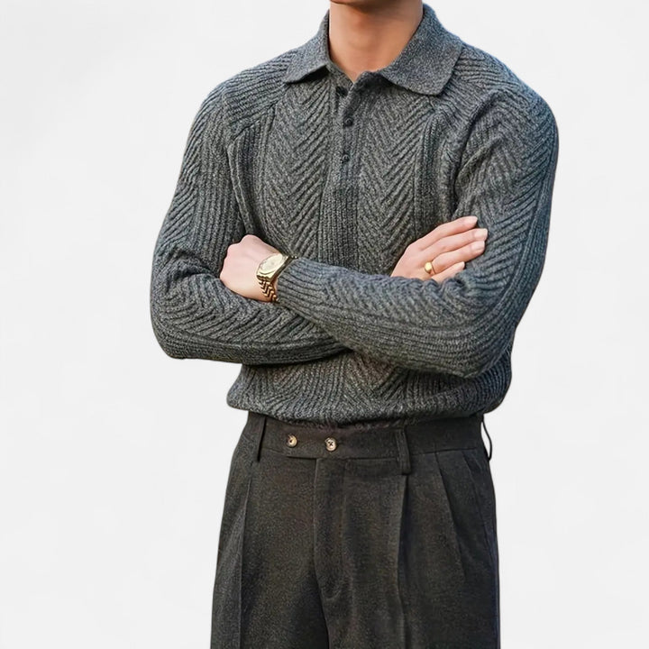 Herren Langarm Strick Polo Pullover mit Knöpfen | Gemustert