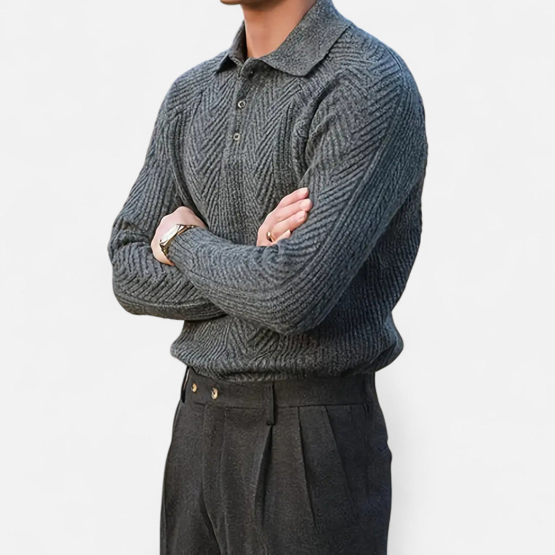 Herren Langarm Strick Polo Pullover mit Knöpfen | Gemustert