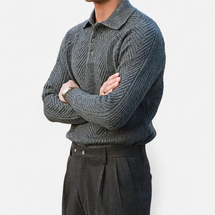 Herren Langarm Strick Polo Pullover mit Knöpfen | Gemustert