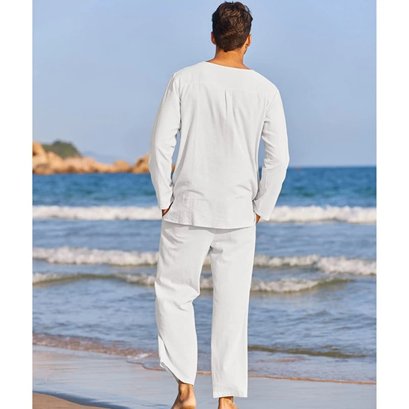 Herren Freizeit-Set | Langarmshirt mit V-Ausschnitt und Hose mit Kordelzug | Entspannter Freizeitstil