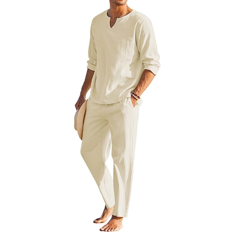 Herren Freizeit-Set | Langarmshirt mit V-Ausschnitt und Hose mit Kordelzug | Entspannter Freizeitstil