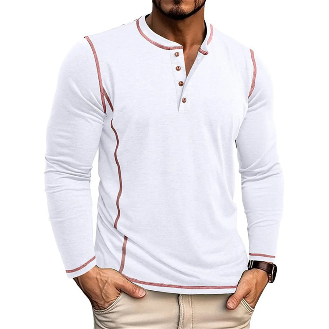 Herren Henley Shirt Langarm Knöpfe Ausschnitt Kontrastnähte Hemd | Alltag