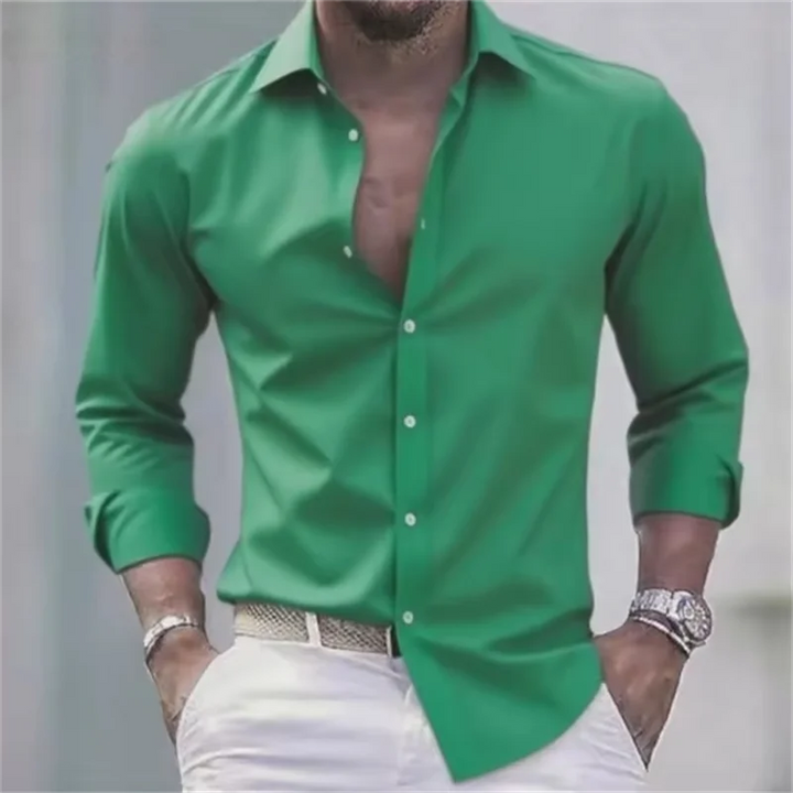 Herren Slim-Fit Hemd mit langen Ärmeln, Knöpfen und einfarbigem Design | Formell