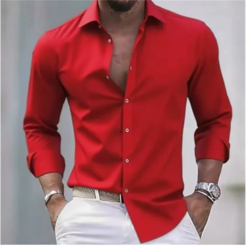Herren Slim-Fit Hemd mit langen Ärmeln, Knöpfen und einfarbigem Design | Formell