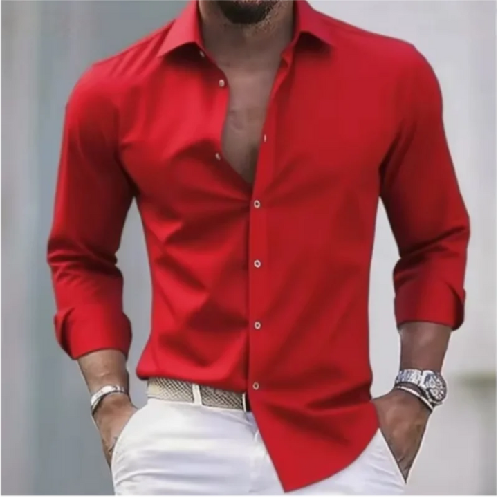 Herren Slim-Fit Hemd mit langen Ärmeln, Knöpfen und einfarbigem Design | Formell