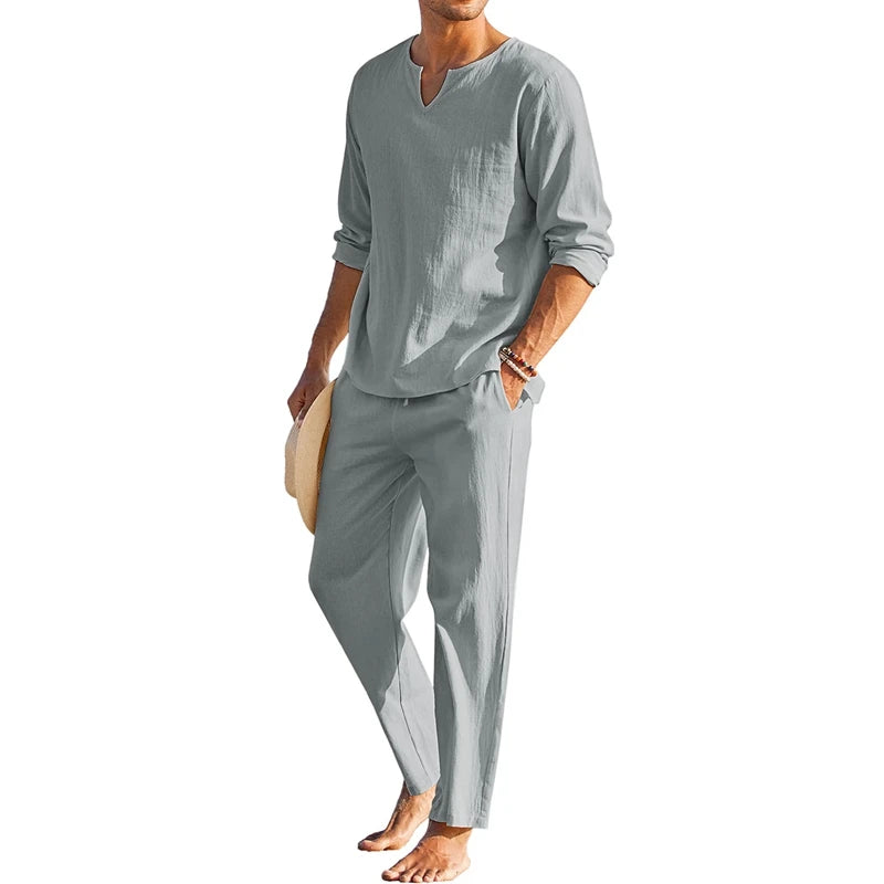 Herren Freizeit-Set | Langarmshirt mit V-Ausschnitt und Hose mit Kordelzug | Entspannter Freizeitstil