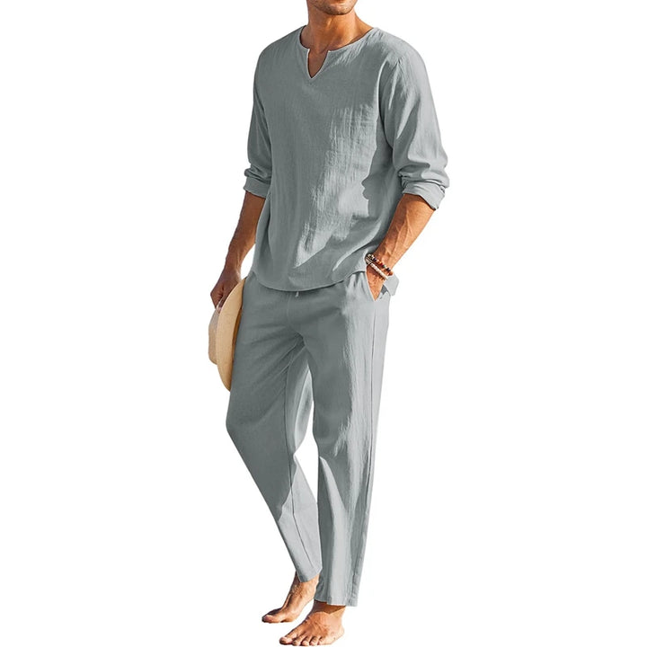 Herren Freizeit-Set | Langarmshirt mit V-Ausschnitt und Hose mit Kordelzug | Entspannter Freizeitstil