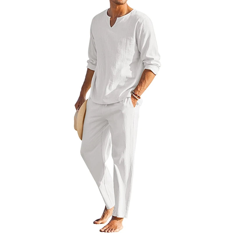 Herren Freizeit-Set | Langarmshirt mit V-Ausschnitt und Hose mit Kordelzug | Entspannter Freizeitstil