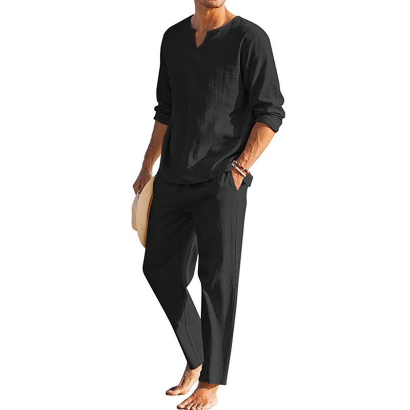 Herren Freizeit-Set | Langarmshirt mit V-Ausschnitt und Hose mit Kordelzug | Entspannter Freizeitstil