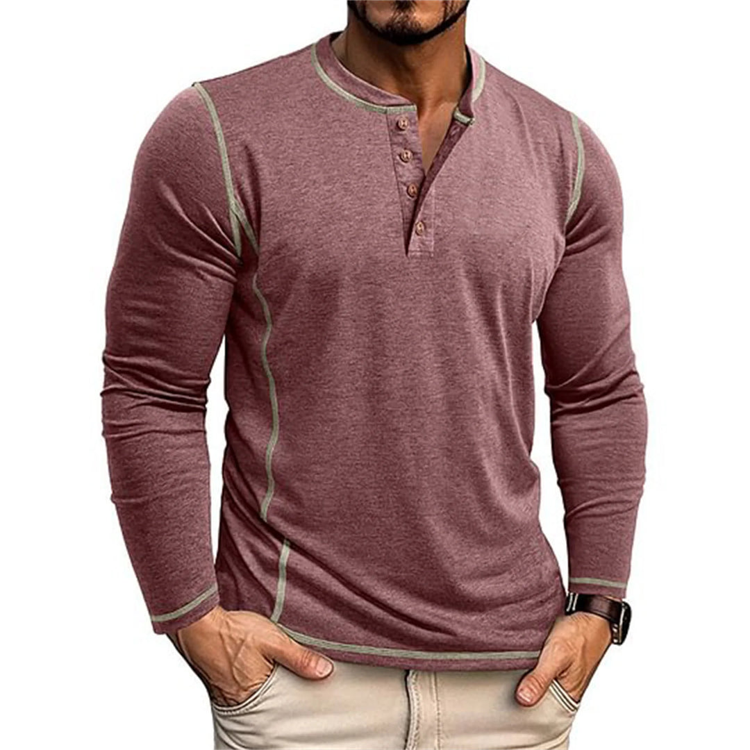Herren Henley Shirt Langarm Knöpfe Ausschnitt Kontrastnähte Hemd | Alltag
