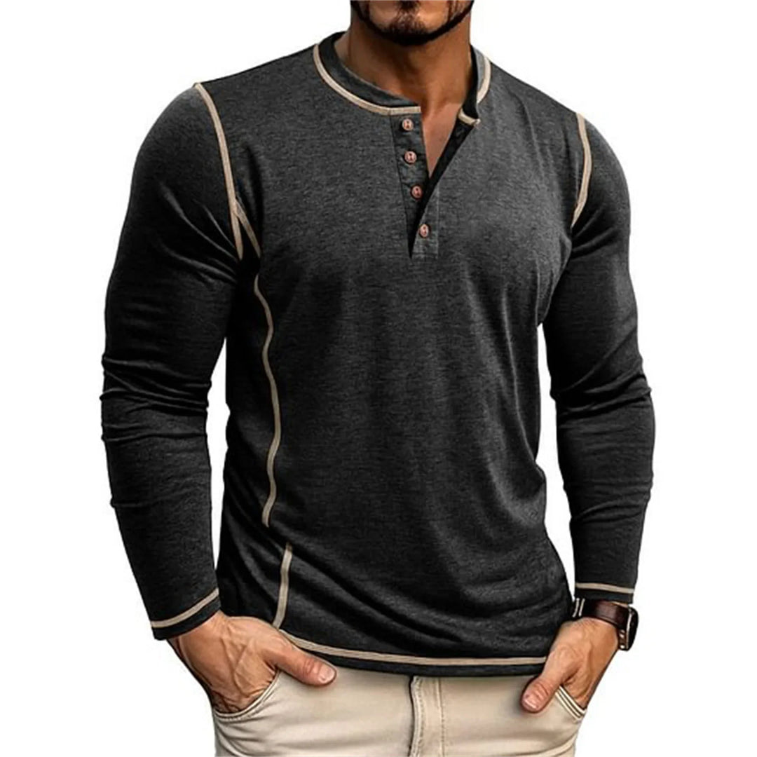 Herren Henley Shirt Langarm Knöpfe Ausschnitt Kontrastnähte Hemd | Alltag