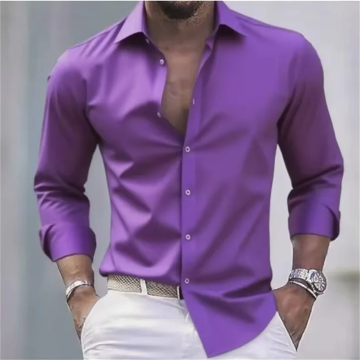 Herren Slim-Fit Hemd mit langen Ärmeln, Knöpfen und einfarbigem Design | Formell