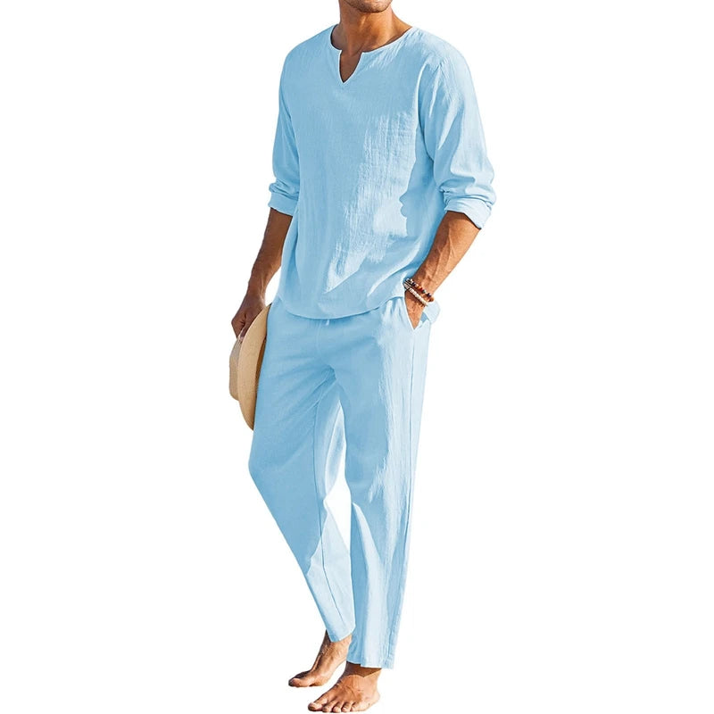 Herren Freizeit-Set | Langarmshirt mit V-Ausschnitt und Hose mit Kordelzug | Entspannter Freizeitstil