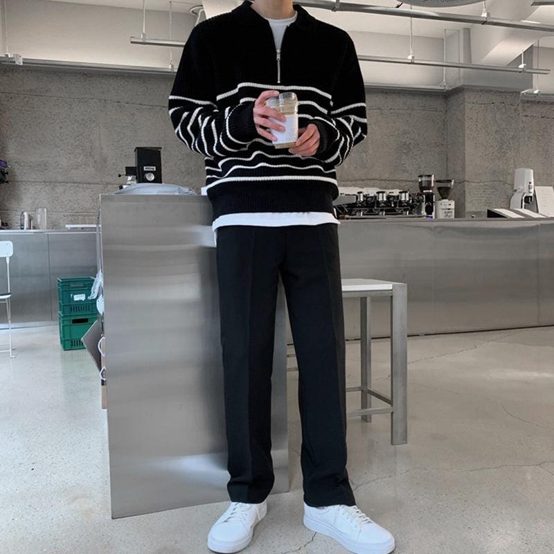Striped Knit Sweater with Half-Zip