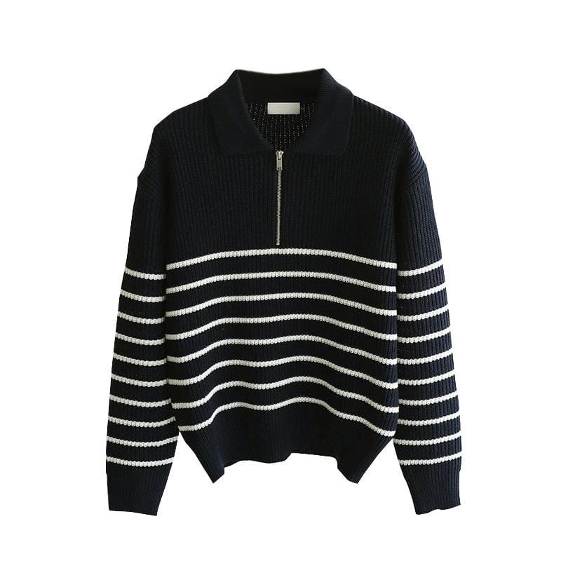 Striped Knit Sweater with Half-Zip