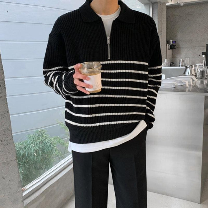 Striped Knit Sweater with Half-Zip