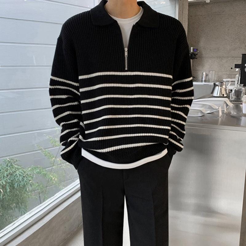 Striped Knit Sweater with Half-Zip