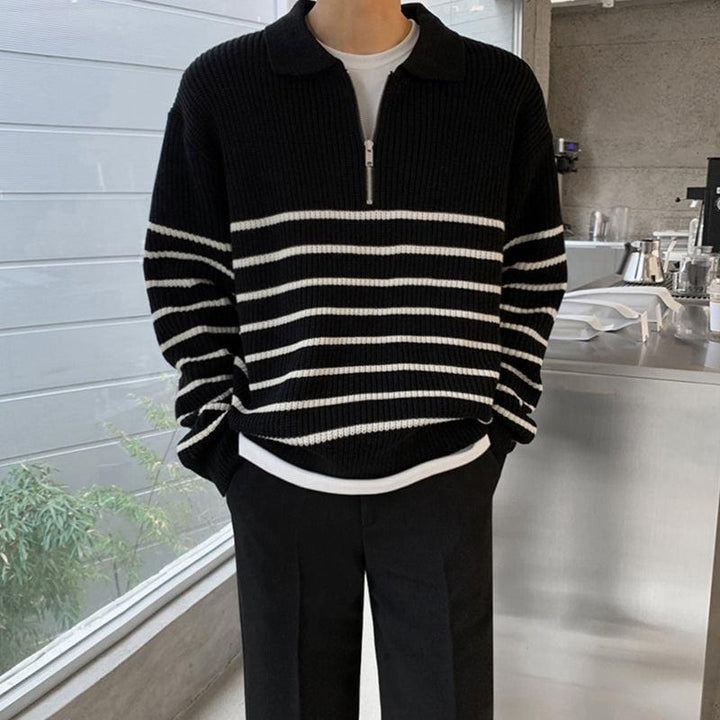 Striped Knit Sweater with Half-Zip