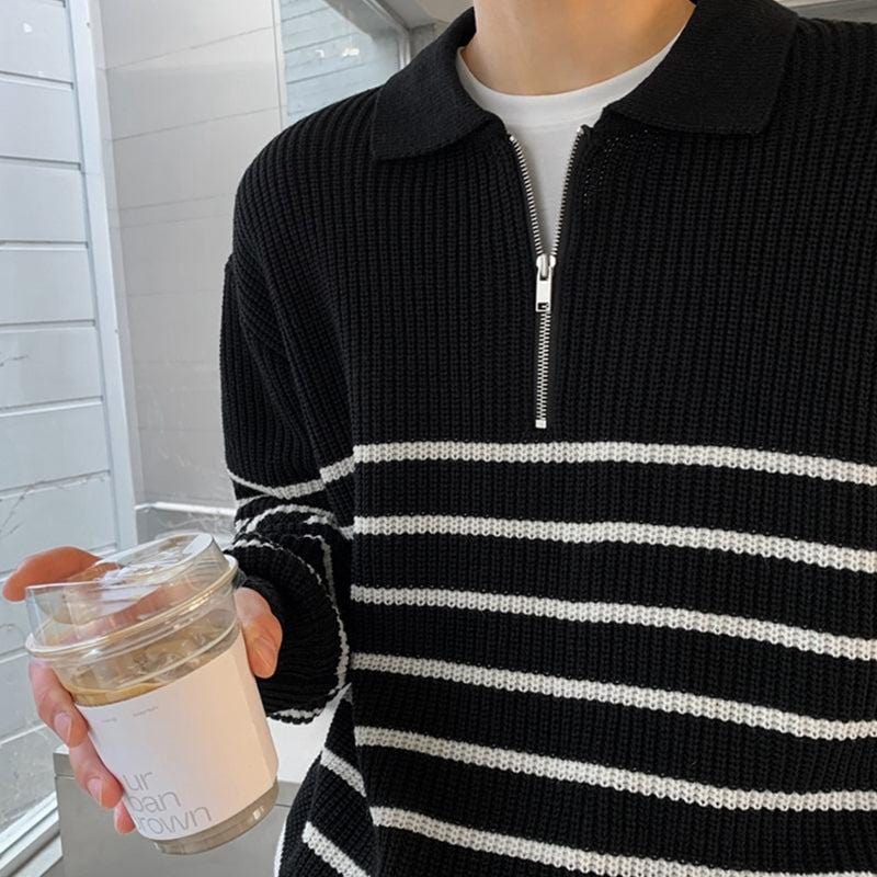 Striped Knit Sweater with Half-Zip