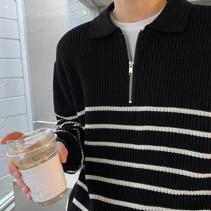 Striped Knit Sweater with Half-Zip
