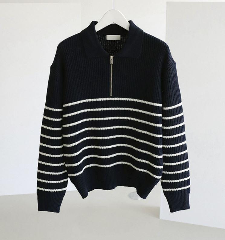 Striped Knit Sweater with Half-Zip