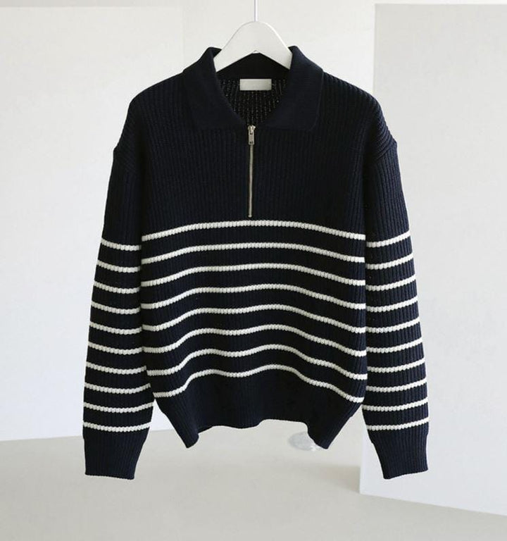 Striped Knit Sweater with Half-Zip