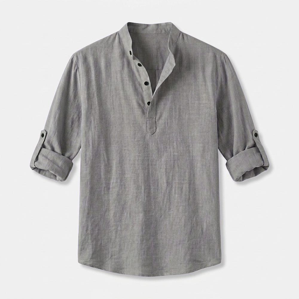 Herren Shirt mit Stehkragen | Langarmshirt mit Geradem Schnitt | Strukturierter Look | Entspannter Freizeitstil