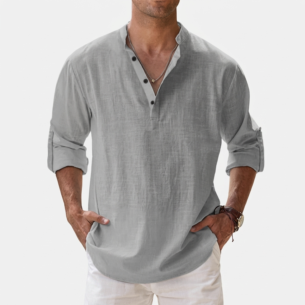 Herren Shirt mit Stehkragen | Langarmshirt mit Geradem Schnitt | Strukturierter Look | Entspannter Freizeitstil