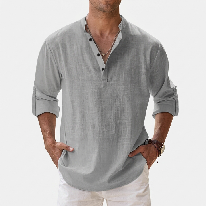 Herren Shirt mit Stehkragen | Langarmshirt mit Geradem Schnitt | Strukturierter Look | Entspannter Freizeitstil