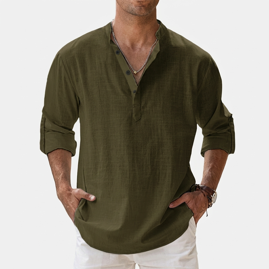 Herren Shirt mit Stehkragen | Langarmshirt mit Geradem Schnitt | Strukturierter Look | Entspannter Freizeitstil