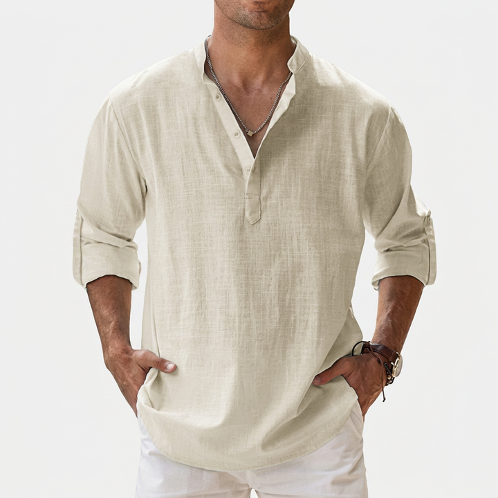 Herren Shirt mit Stehkragen | Langarmshirt mit Geradem Schnitt | Strukturierter Look | Entspannter Freizeitstil