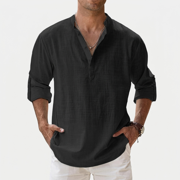 Herren Shirt mit Stehkragen | Langarmshirt mit Geradem Schnitt | Strukturierter Look | Entspannter Freizeitstil