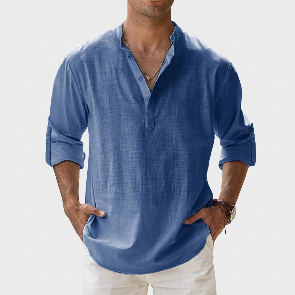 Herren Shirt mit Stehkragen | Langarmshirt mit Geradem Schnitt | Strukturierter Look | Entspannter Freizeitstil