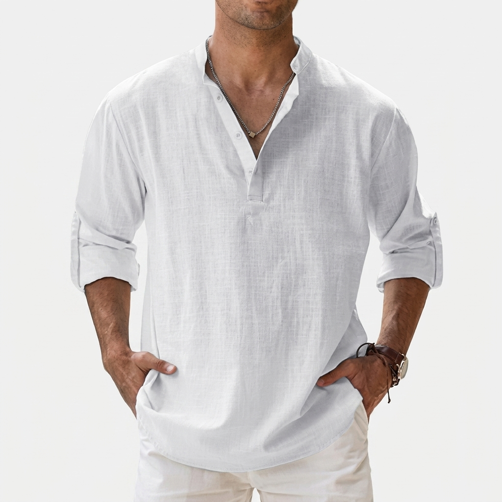 Herren Shirt mit Stehkragen | Langarmshirt mit Geradem Schnitt | Strukturierter Look | Entspannter Freizeitstil